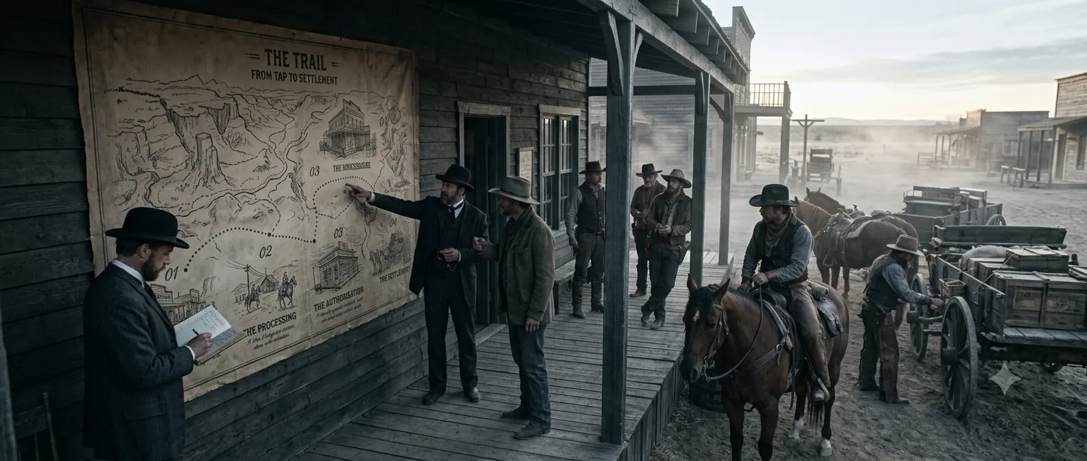 On a frontier boardwalk a
                                    man points out the route on a large trail map pinned to the wall,
                                    while riders and loaded wagons wait in the street