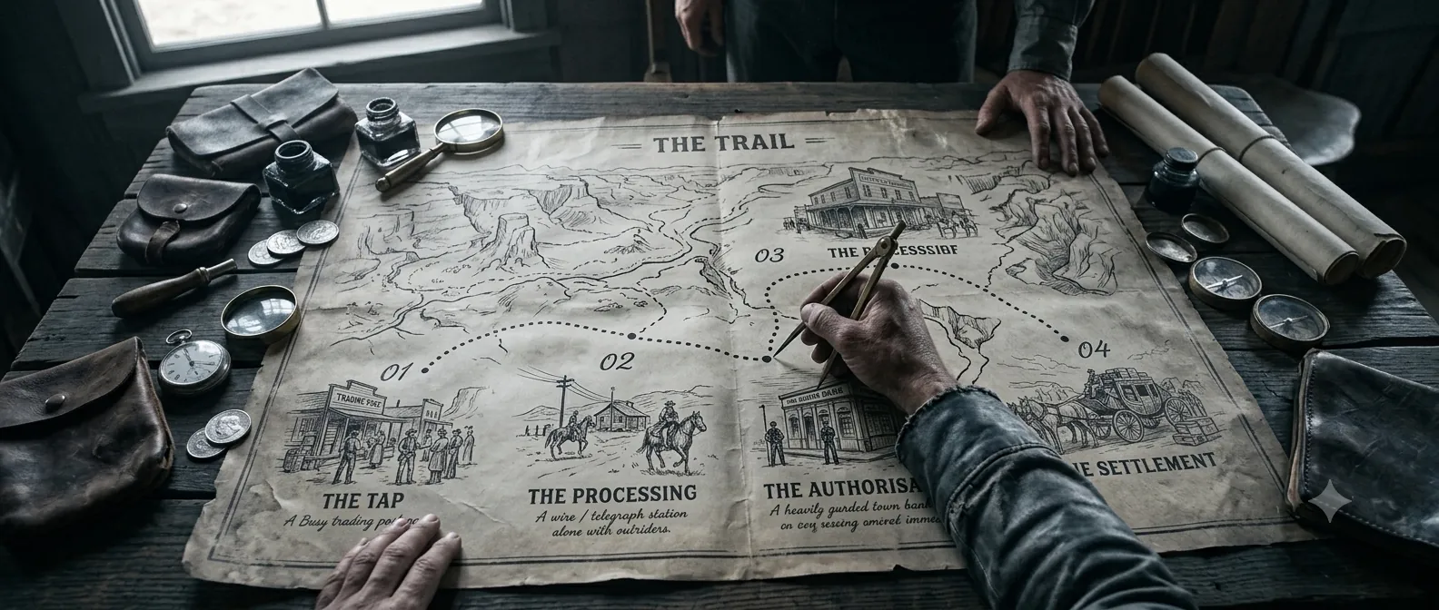 A hand-drawn trail map spread on a
                        wooden table, marking four stops from the tap through processing and
                        authorisation to settlement