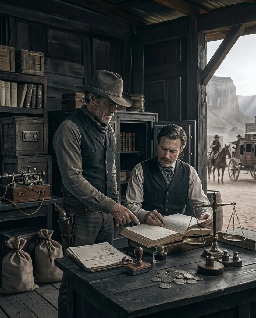 A frontier
                                    clerk and an outfitter going over the ledger together at a
                                    trading-post counter, a stagecoach passing outside