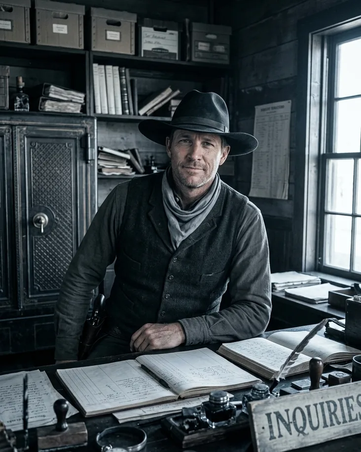 A clerk in a wide-brimmed hat seated at the inquiries desk behind his open ledgers