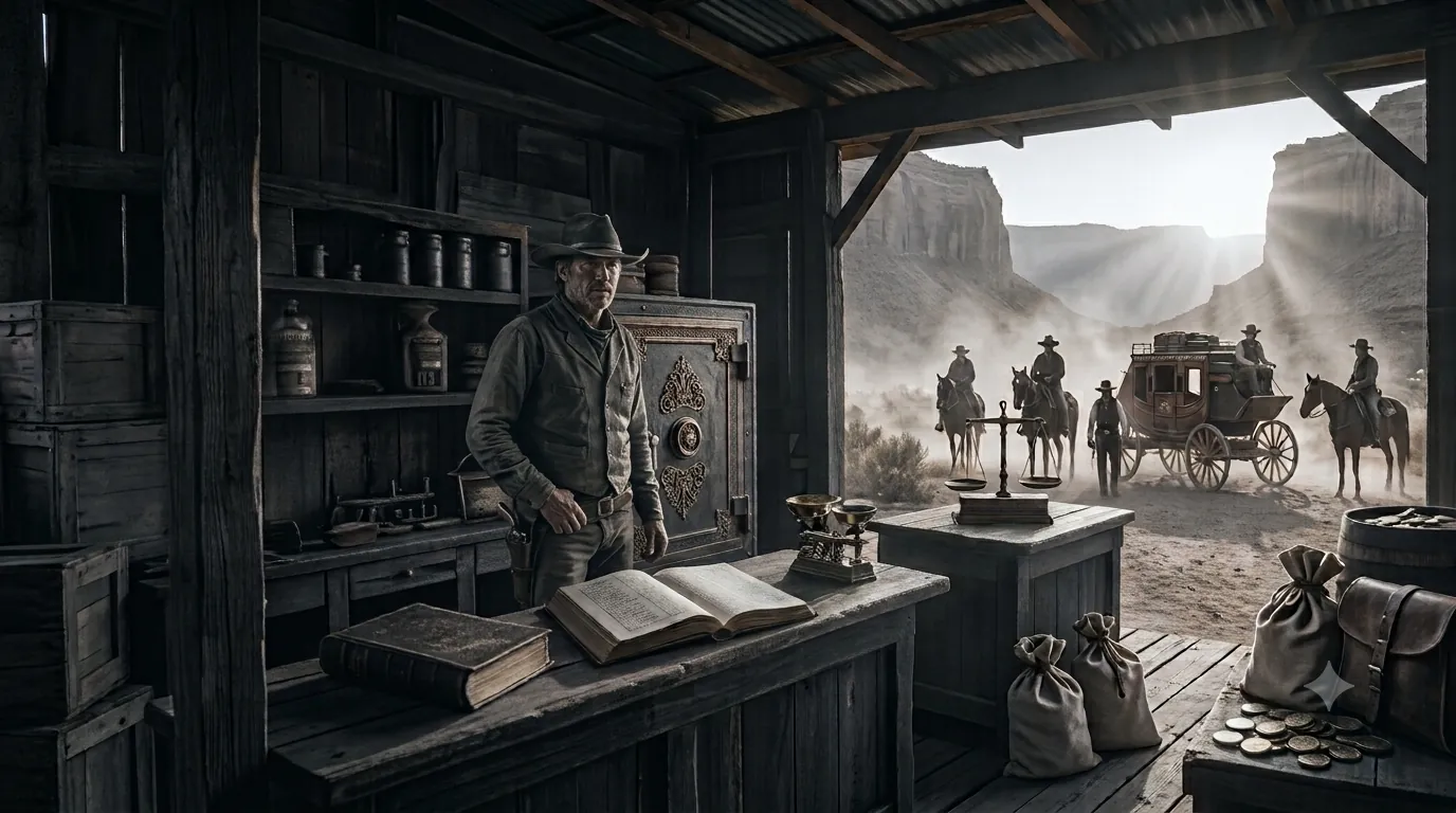 A trader standing at the counter of a timber
                trading post beside his strongbox and open ledger, riders and a stagecoach passing in
                the canyon outside